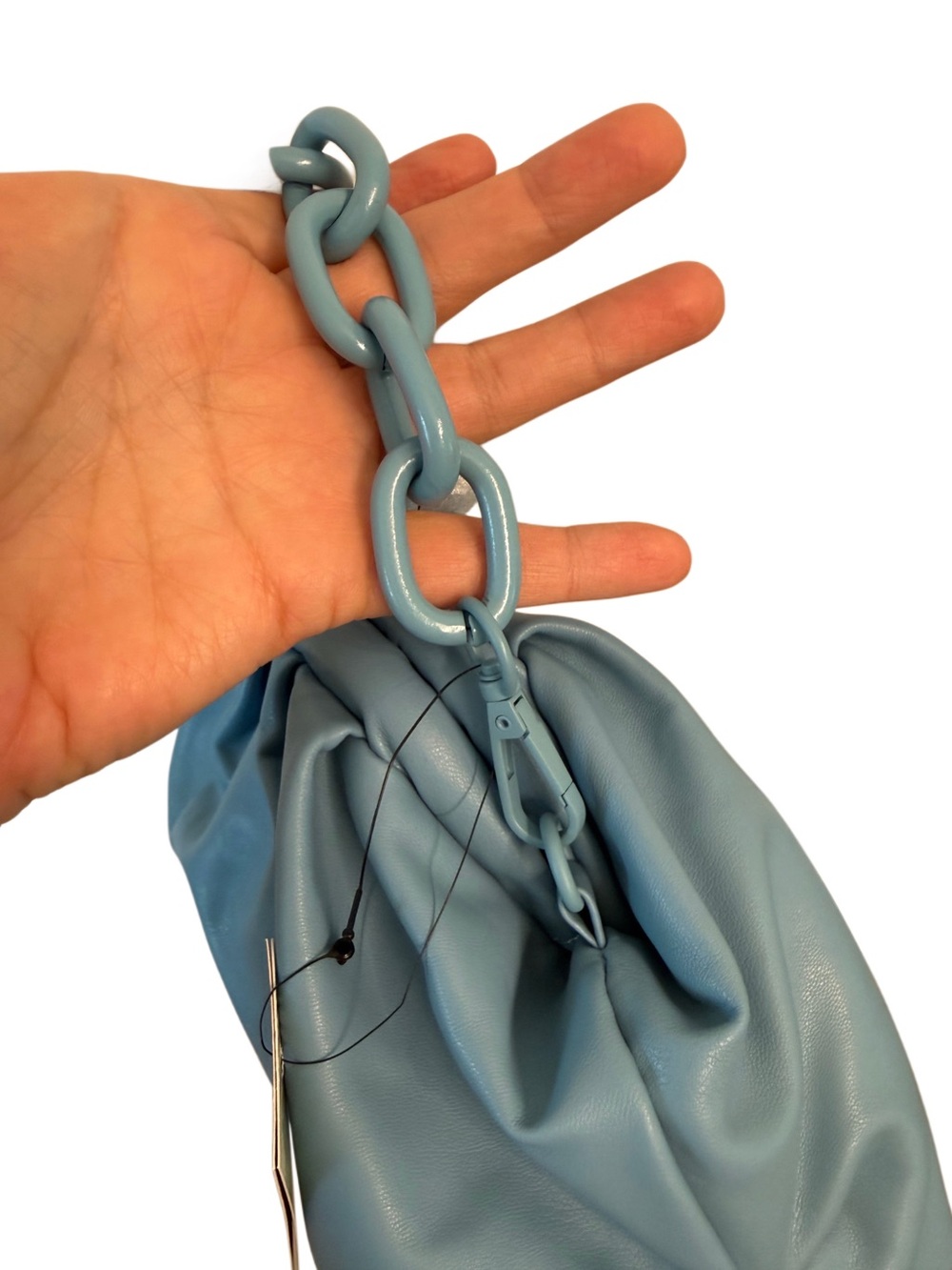 Badgley Mischka Blue Vegan Leather Soft Clutch Chain Evening Bag Wrapped Frame - Picture 12 of 16